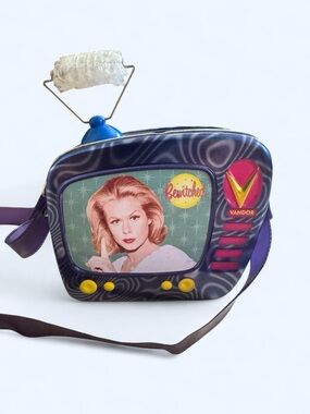 Vintage Y2K Bewitched TV-Shaped Crossbody Tin Bag - Purple with Yellow Accents